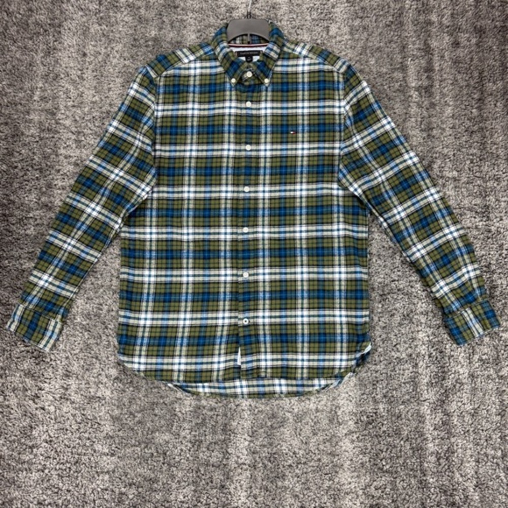 Tommy Hilfiger Regular Fit Plaid Mens Size M Green Blue Cotton Button Down Shirt